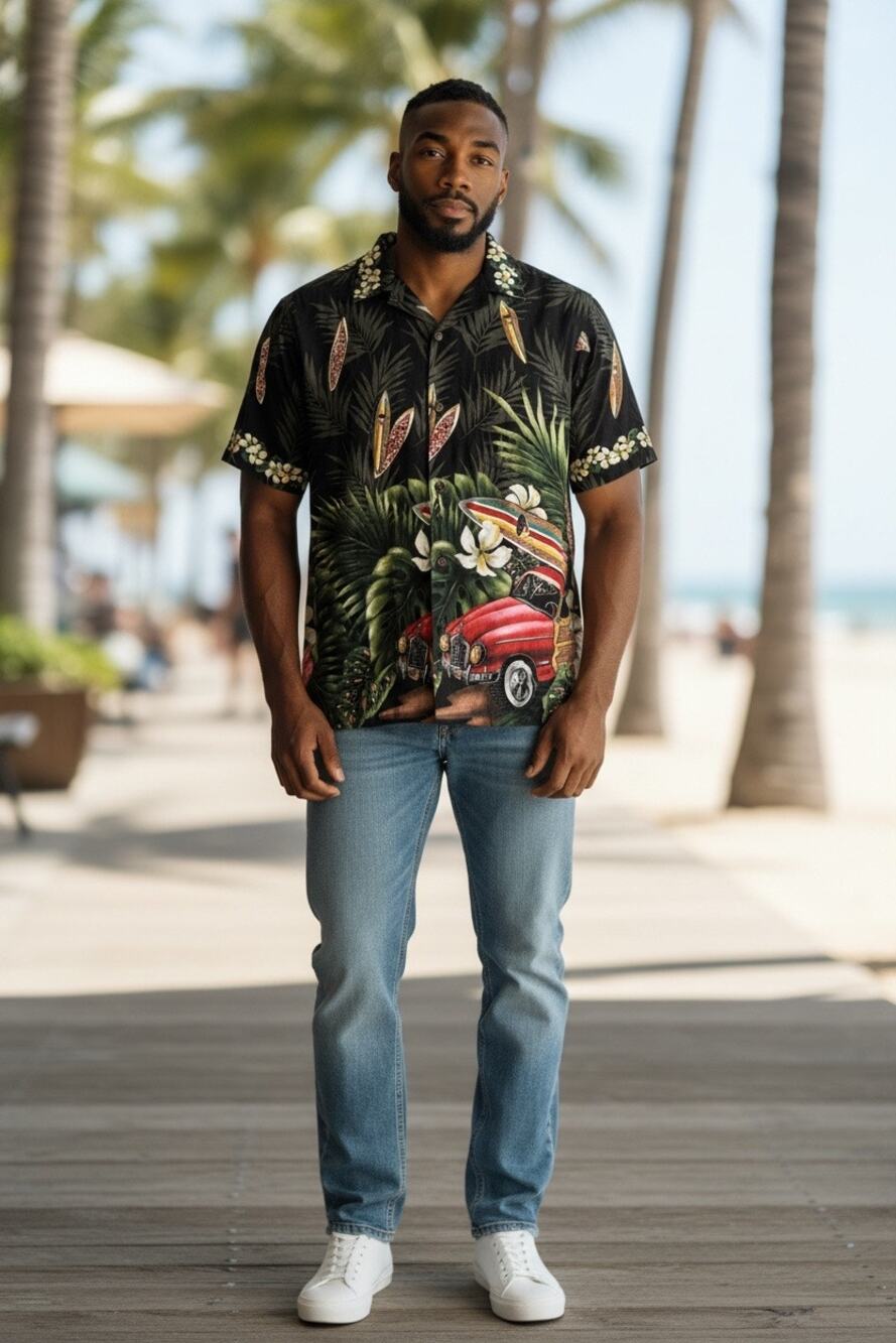 RJC Ltd Black Hawaiian Shirt Surf Woody Car Tropical Floral Print Men’s Size L